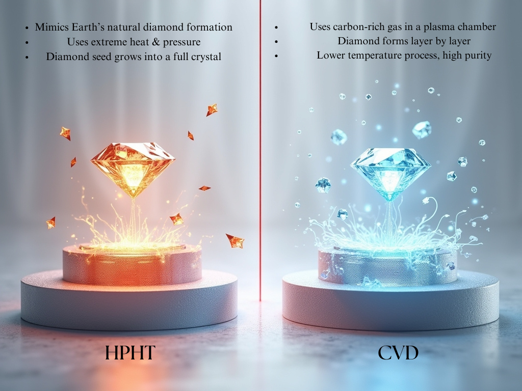 HPHT vs. CVD lab-grown diamond formation processes.